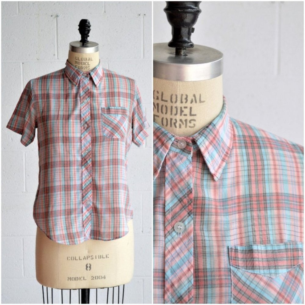 Vintage Pink and Blue Plaid Button-Down Shirt